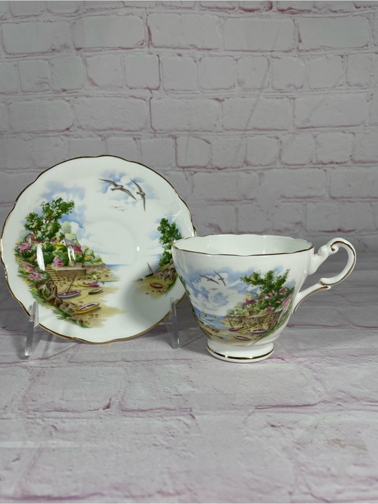 Regency Other - Vintage Regency English Coastal Village Bone China Footed Teacup and Saucer Set